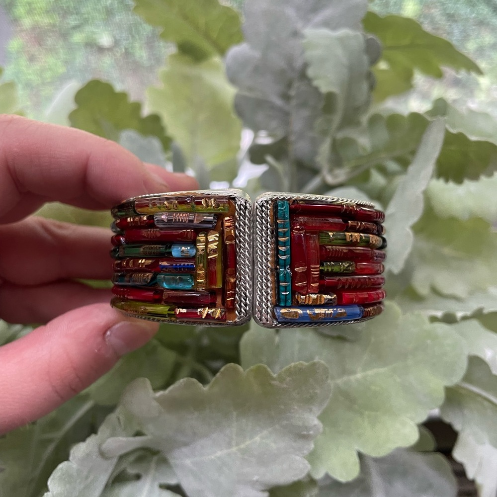 Recycled glass vintage clamper hinged bangle bracelet